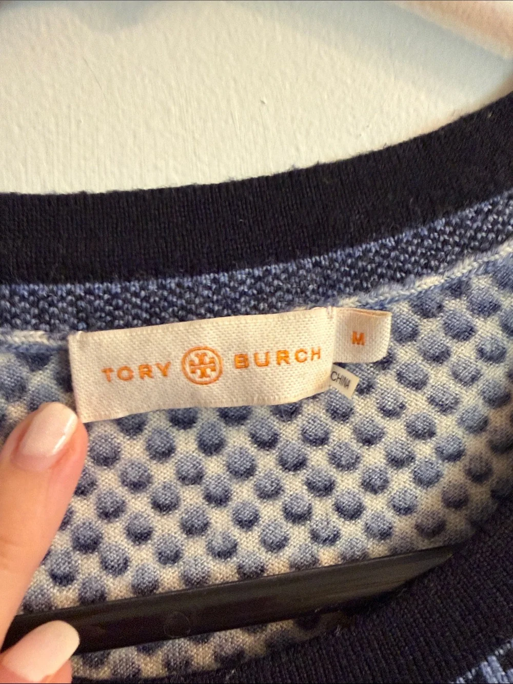 Tory Burch Short Sleeve Knit Sweater polka dots blue wool size medium